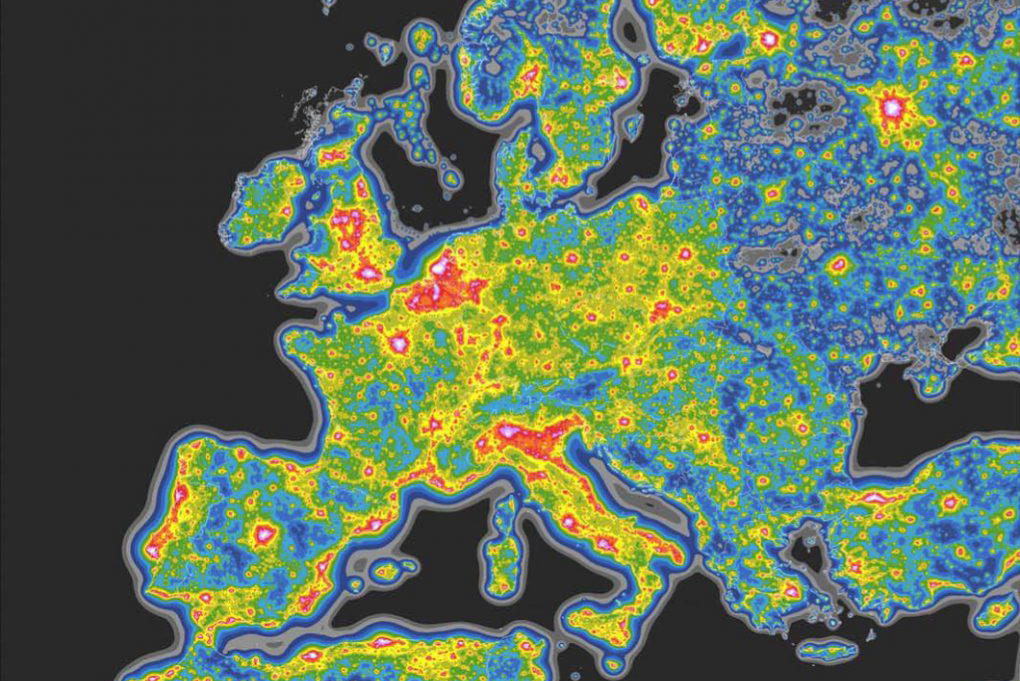 Pollution lumineuse en Europe (d’après Falchi et al., 2015)