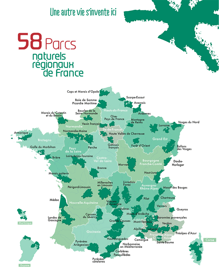 Carte des 58 Parcs naturels régionaux