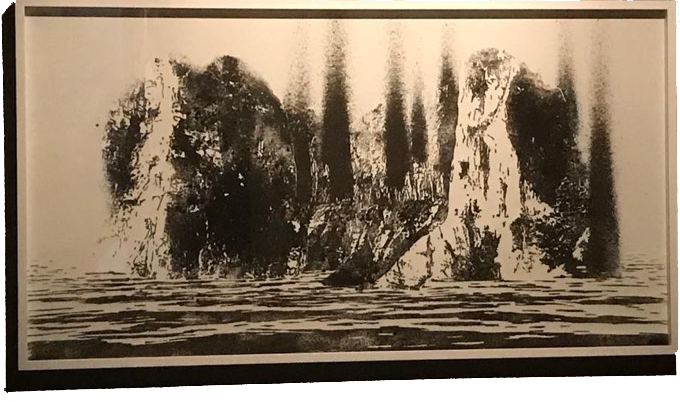 Nicolas Daubanes, Mont Aiguille, Vercors, d'après Die Toteninsel d'Arnold Böcklin, poudre d'acier aimantée sur papier, Mémorial de la Résistance en Vercors, 2021